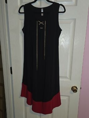 Perseption Black Sleeveless Midi Dress with Red Hem and Gold Chain‎ Detail